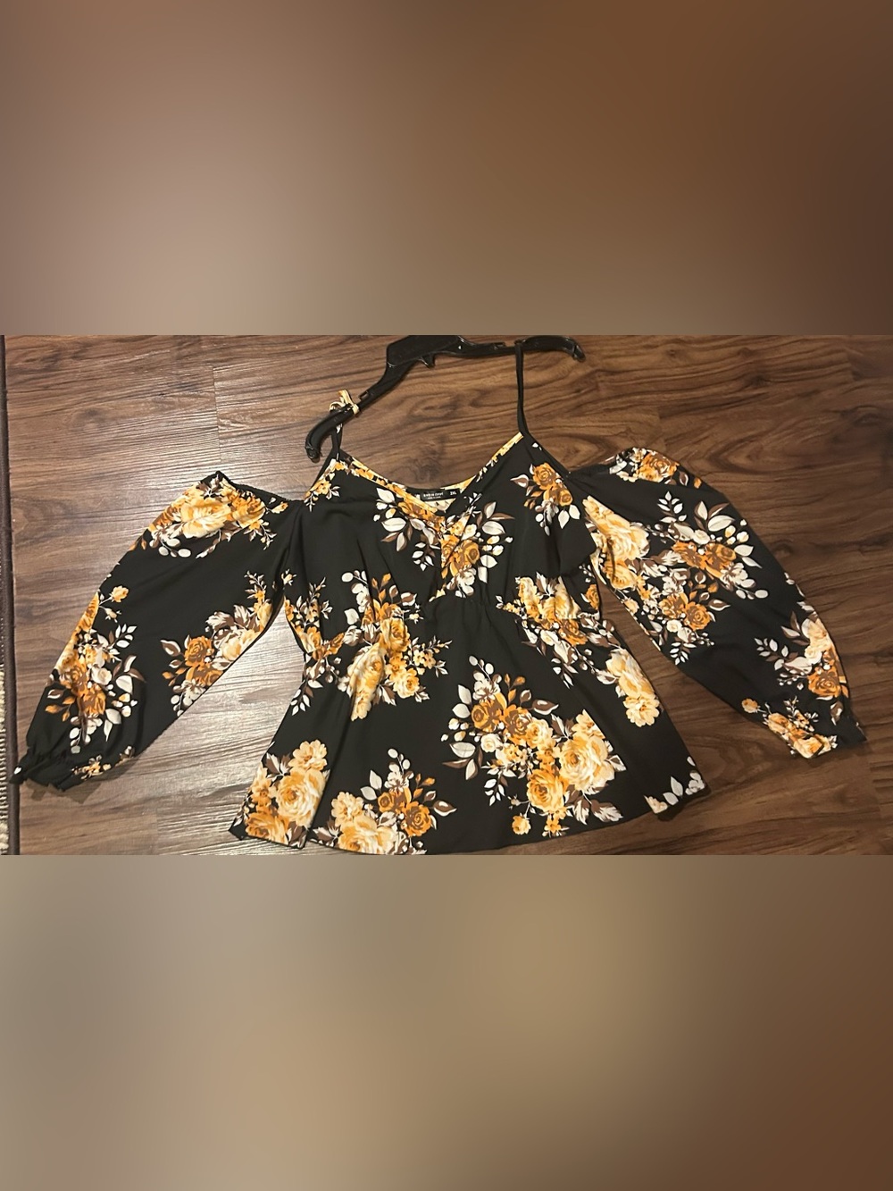 SHEIN curve Floral Off-Shoulder Peplum Top - Black with Yellow Floral